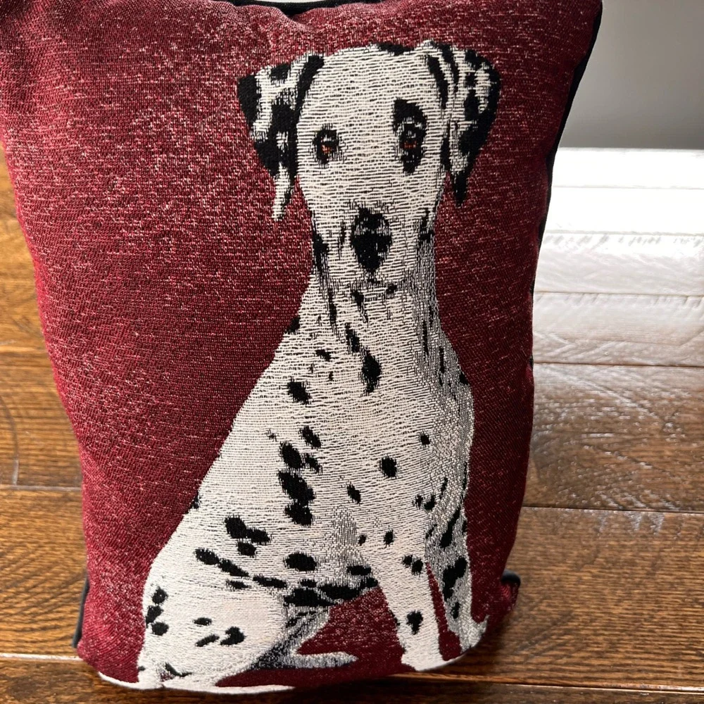 Manual Woodworkers Dalmatian Dog Jacquard Woven Throw Pillow Burgundy Red USA